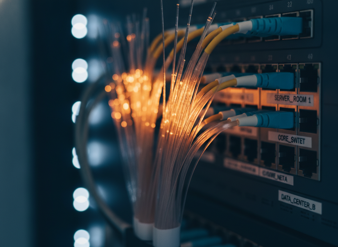 Câbles fibre optique dans un rack réseau professionnel avec panneau de brassage d'une startup