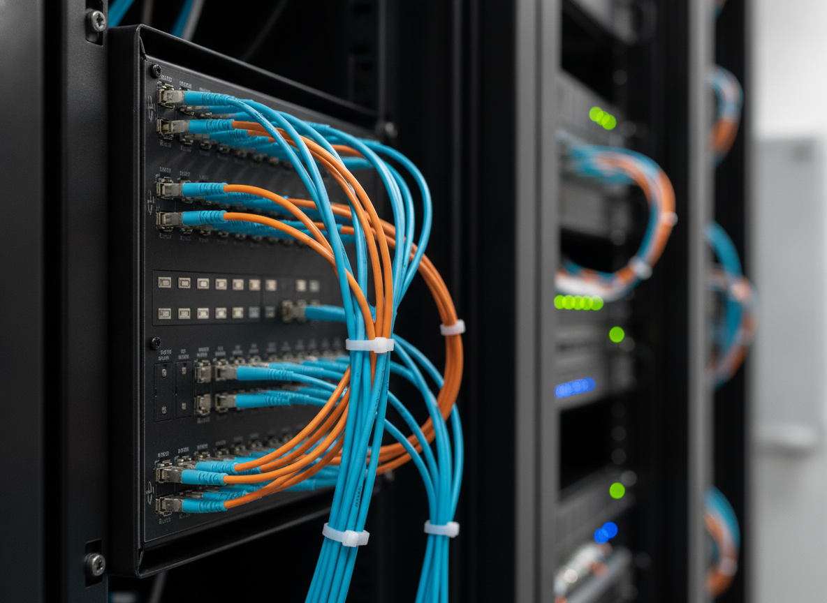 Panneau de brassage fibre optique dans une salle réseau d'établissement de santé