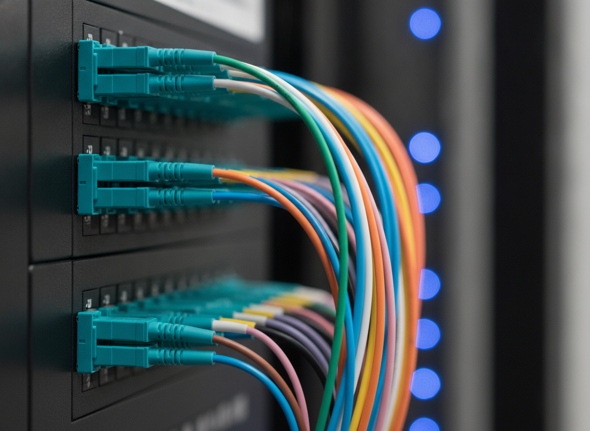 Panneau de brassage fibre optique avec connecteurs LC colorés dans une baie réseau d'entreprise
