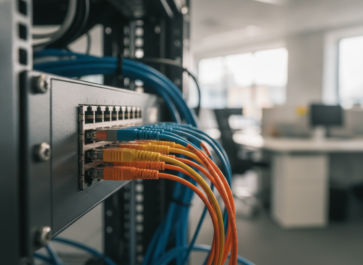 Câbles fibre optique raccordés sur un patch panel professionnel dans un local technique de cabinet