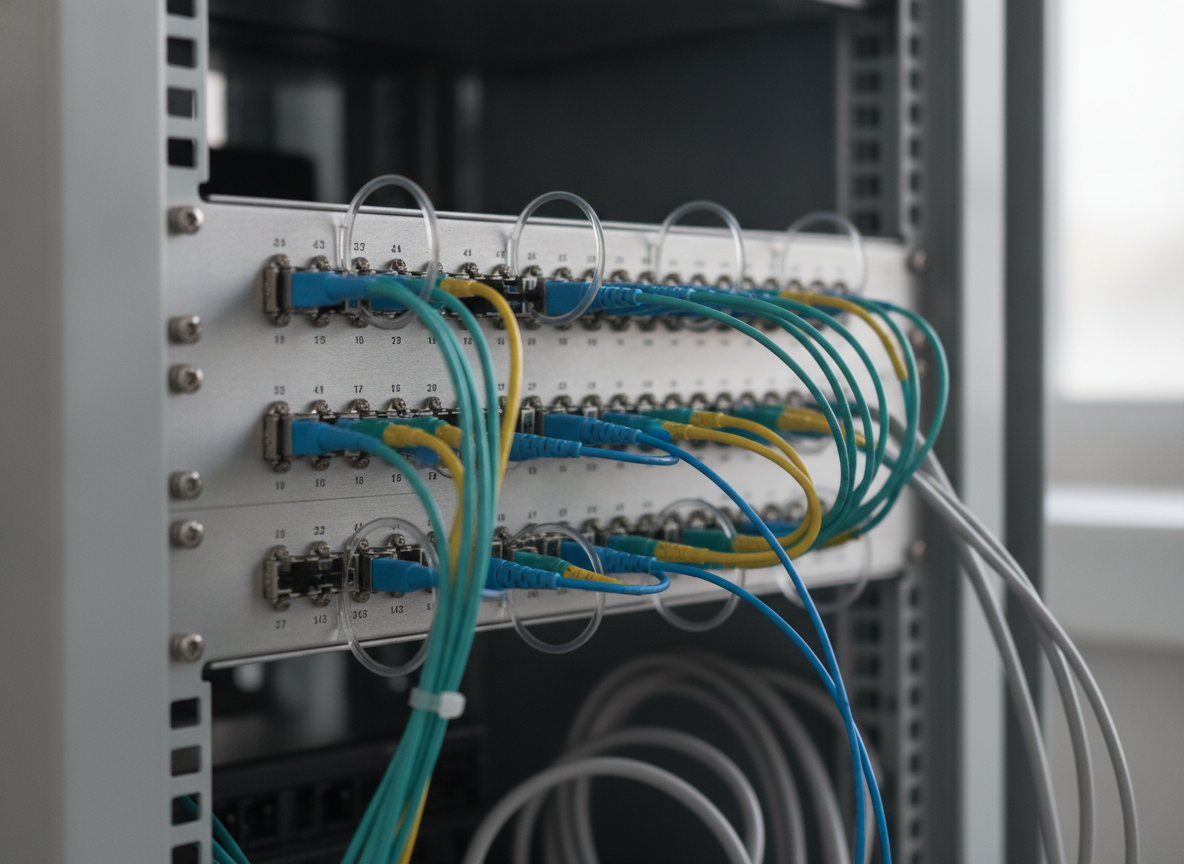 Panneau de brassage fibre optique dans un rack serveur d'une agence professionnelle
