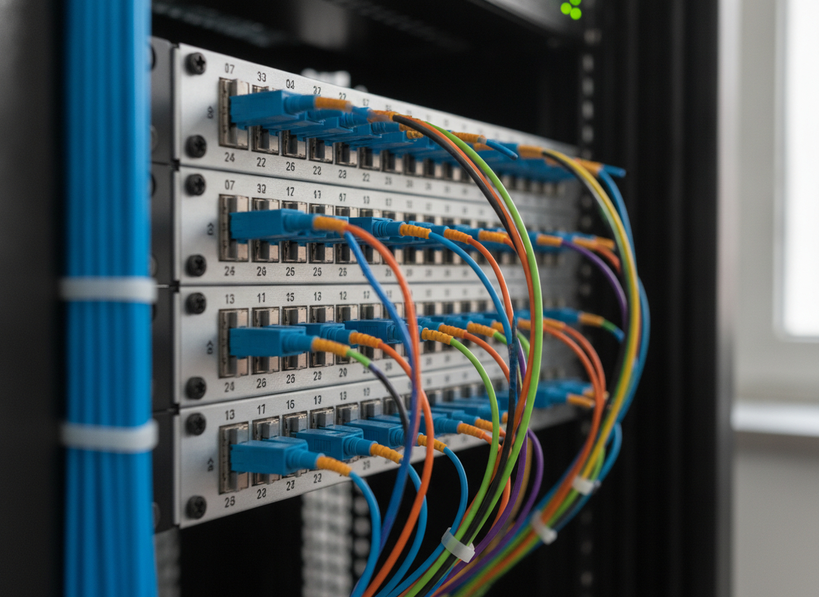 Panneau de brassage fibre optique dans une salle serveur d'entreprise avec câbles multicolores