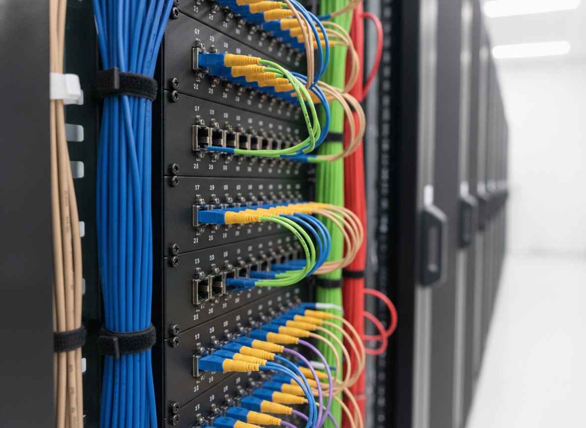 Panneau de brassage fibre optique professionnel avec câbles LC colorés dans une baie réseau d'entreprise