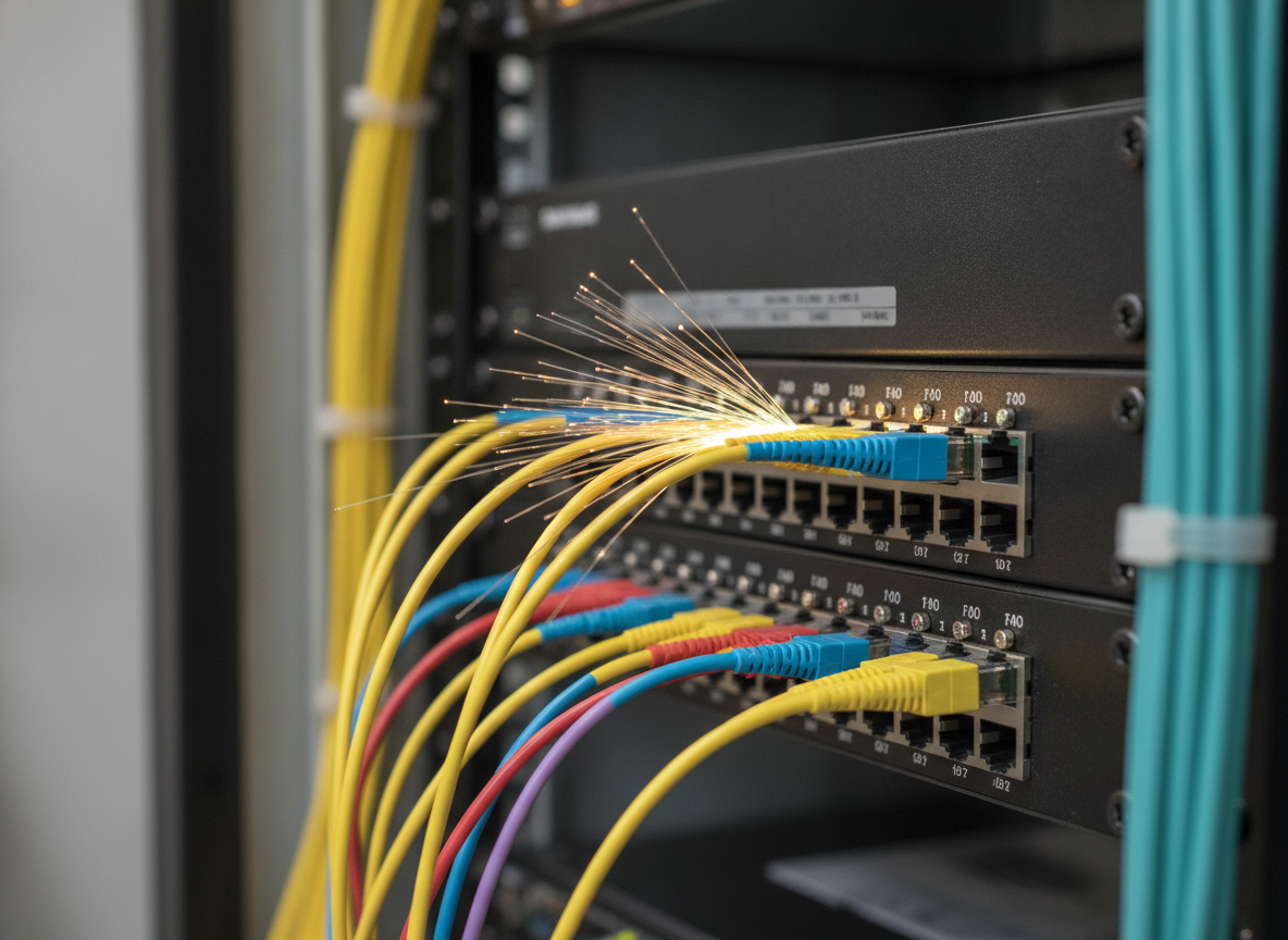 Baie réseau avec câbles fibre optique et patch panel RJ45 dans un local technique professionnel