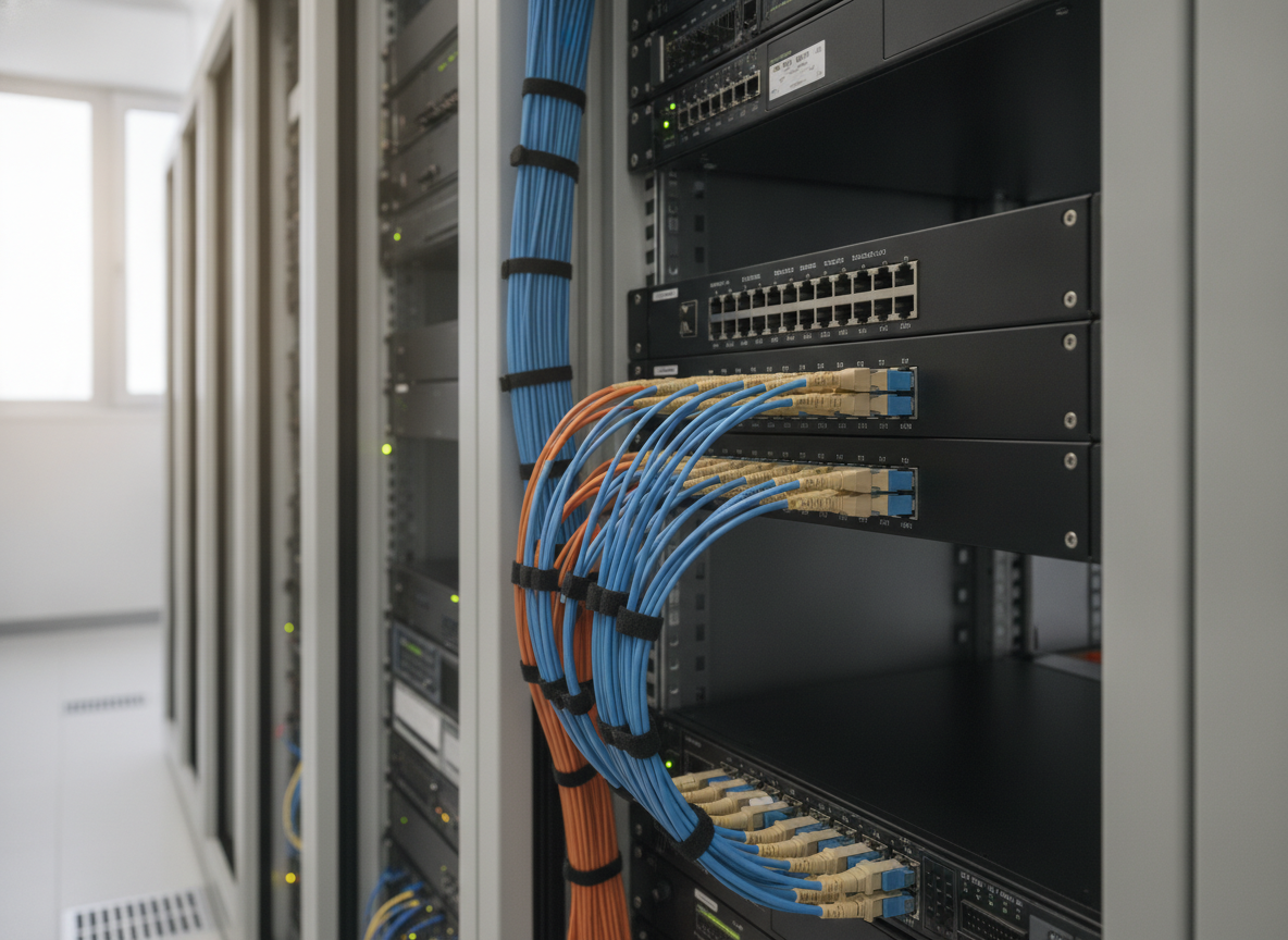 Baie de brassage fibre optique professionnelle dans une salle serveur d'hôtel, câbles organisés et étiquetés