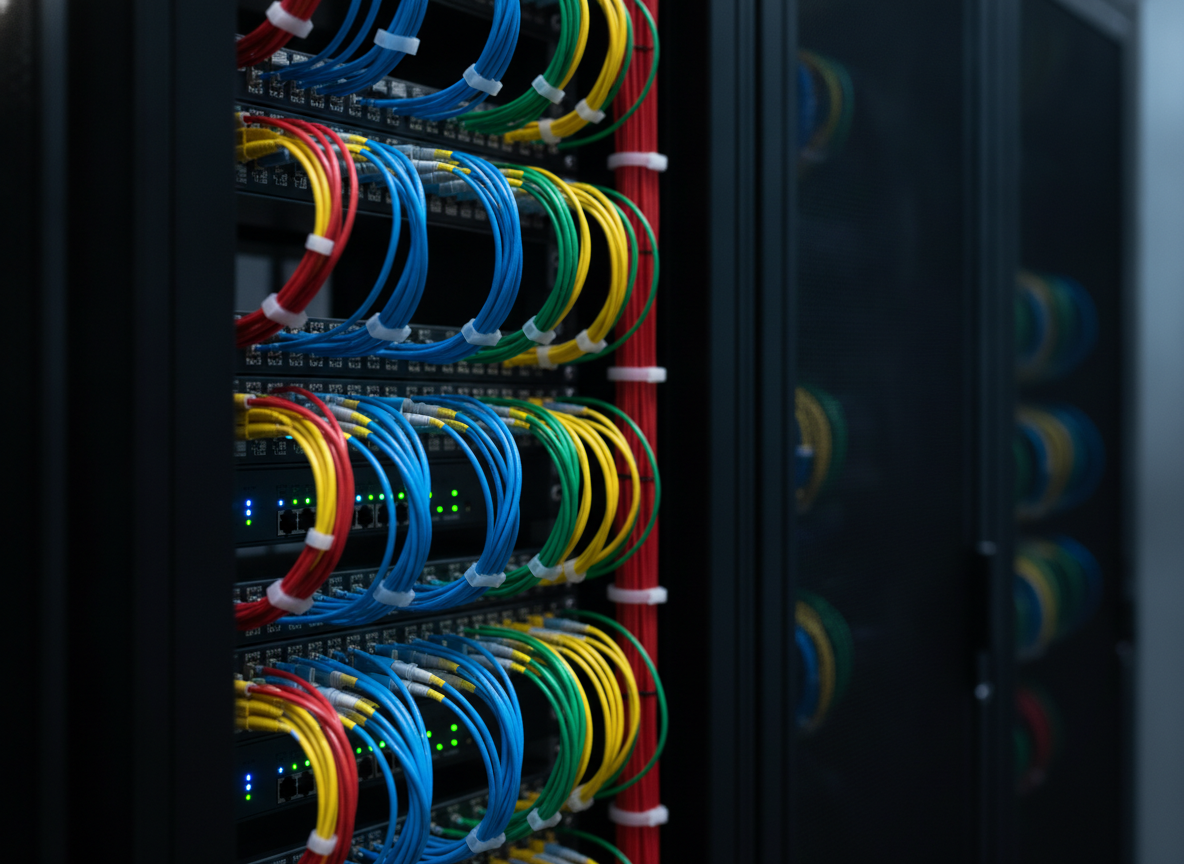 Panneau de brassage fibre optique dans une baie réseau professionnelle pour entreprise