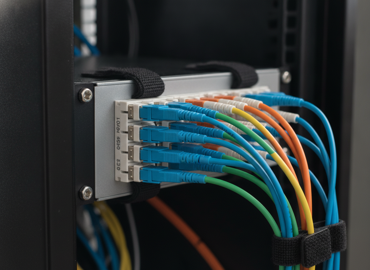 Panneau de brassage fibre optique avec connecteurs LC colorés dans un rack de petite entreprise
