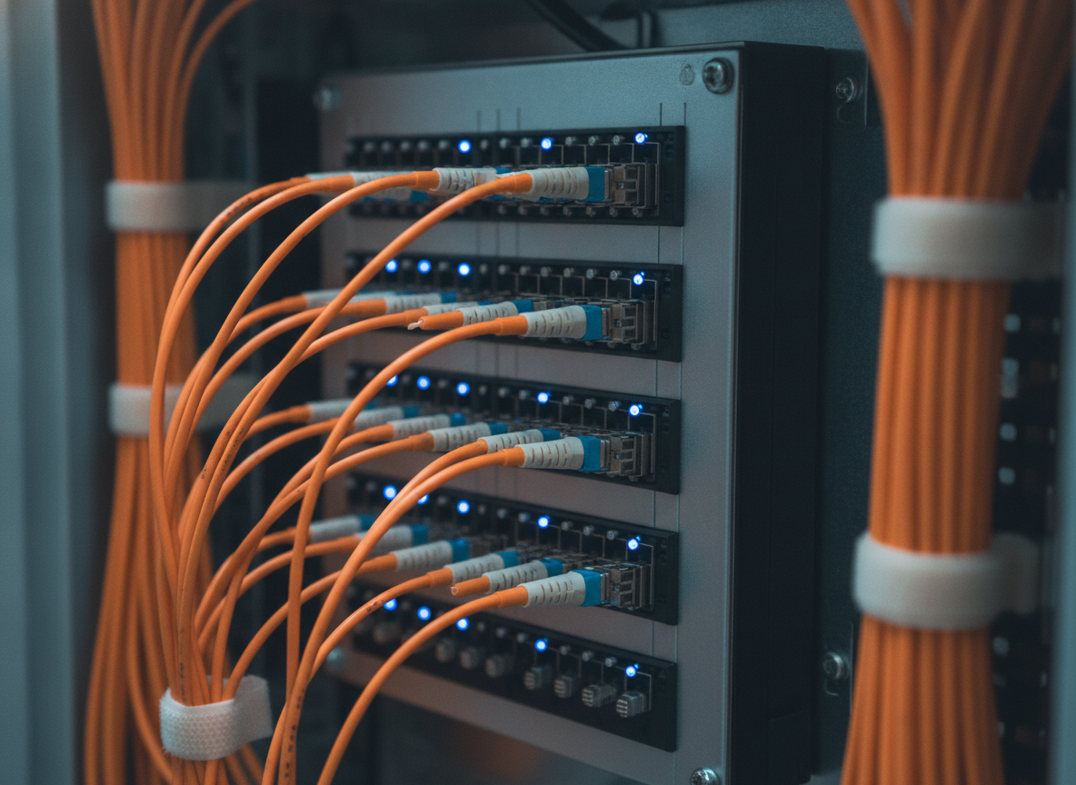 Baie réseau avec câbles fibre optique pour installation professionnelle en cabinet médical ou dentaire