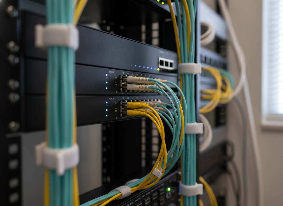 Baie réseau avec câbles fibre optique et patch panel dans un local technique de cabinet médical