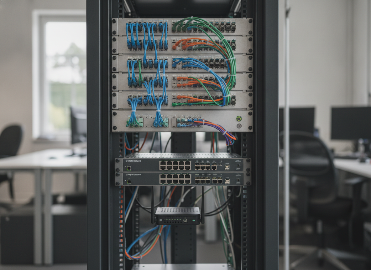 Baie réseau professionnelle avec patch panel fibre optique et routeur pro installés dans l'arrière-boutique d'une officine
