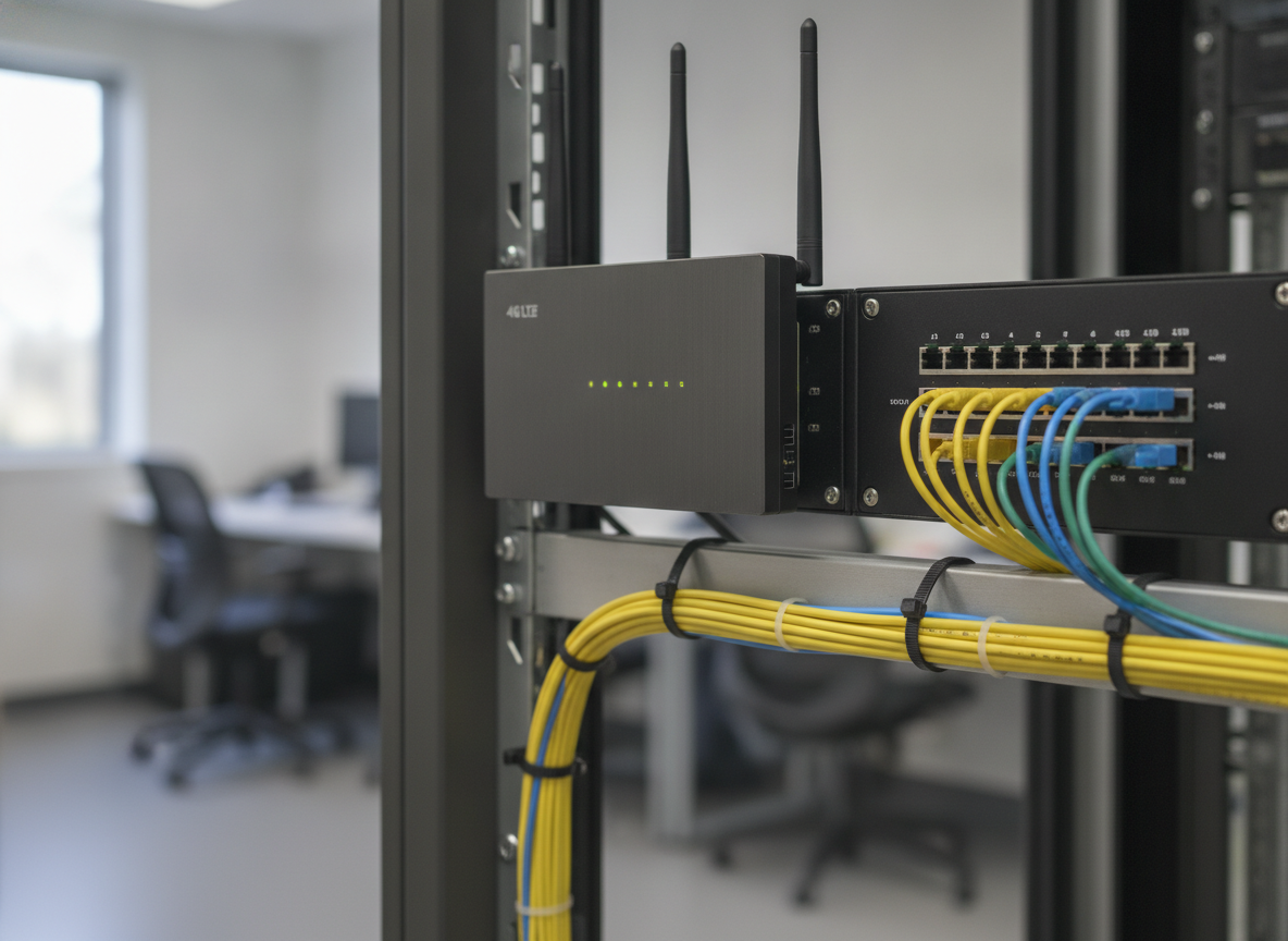 Routeur 4G fixe professionnel et panneau fibre optique dans une salle serveur de PME