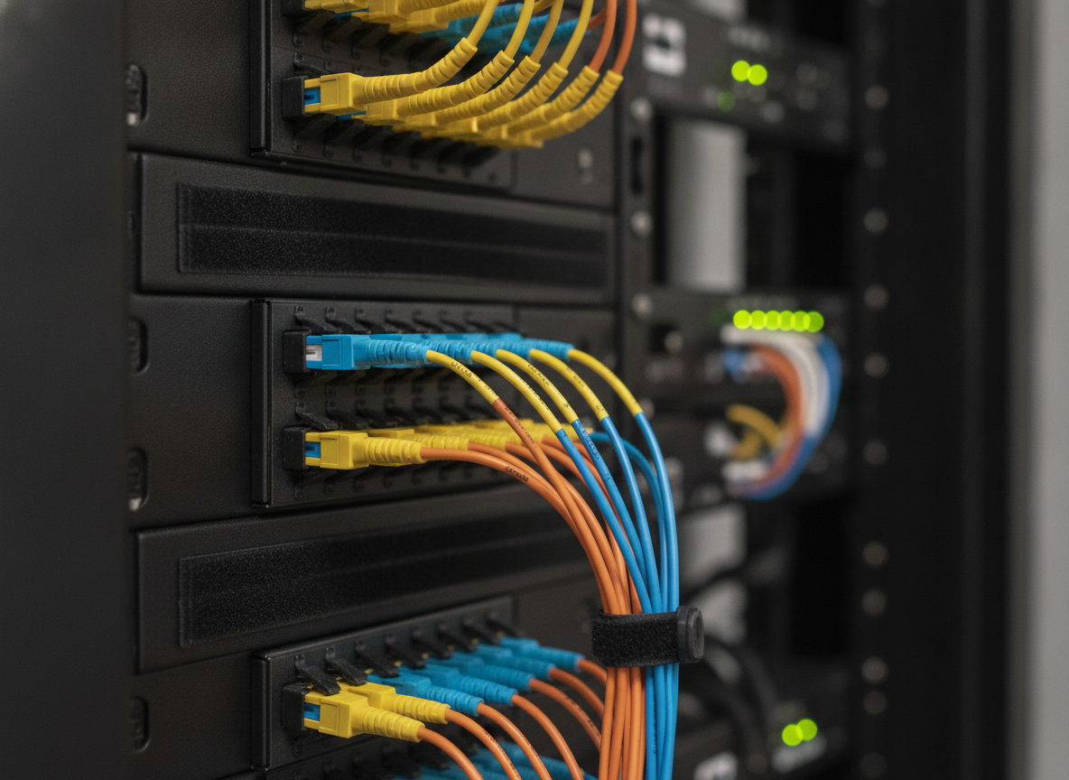 Panneau de brassage fibre optique dans une baie réseau professionnelle avec connecteurs LC colorés