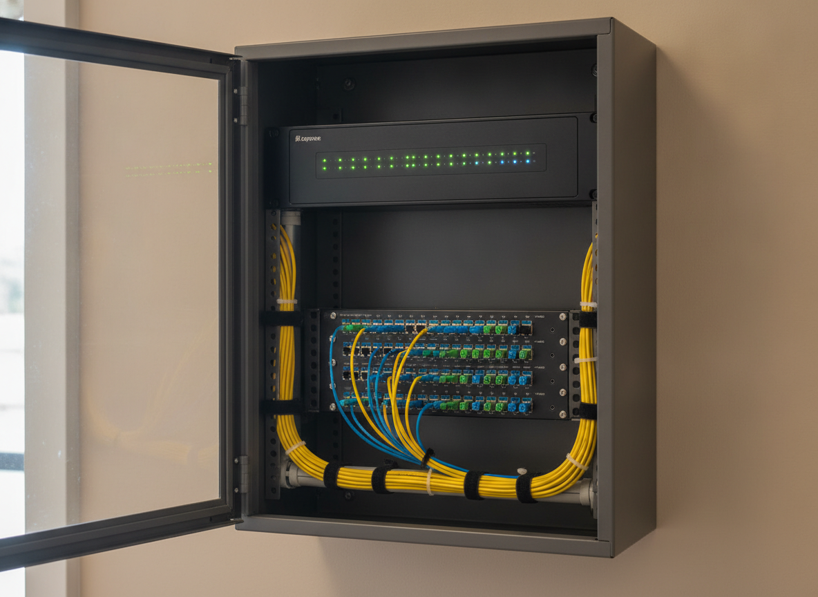 Routeur fibre pro et patch panel installés dans l'arrière-boutique d'un restaurant professionnel