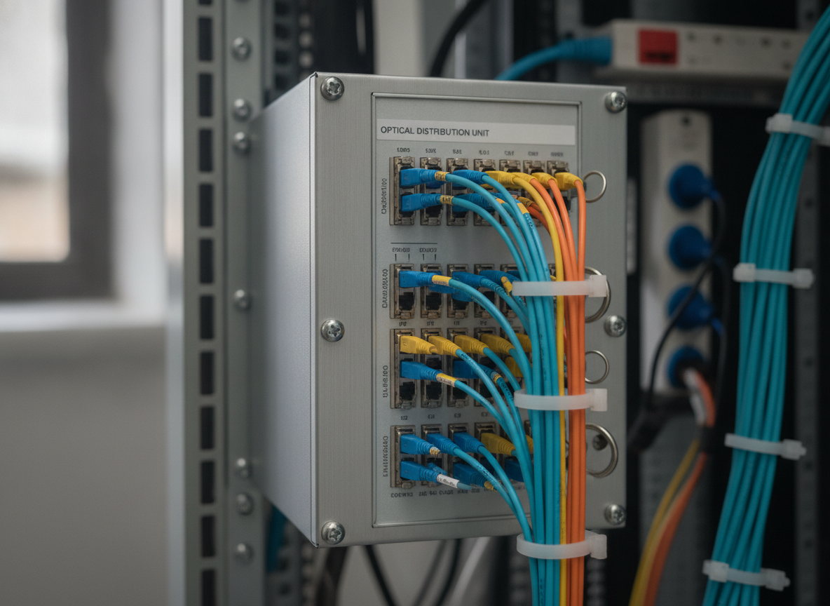 Panneau de brassage fibre optique dans un petit local technique d'entreprise, câbles optiques multicolores