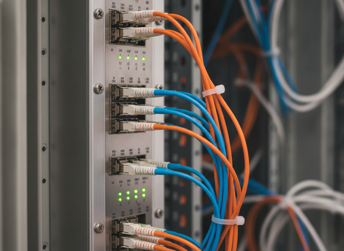 Panneau de brassage fibre optique dans une armoire réseau de commerce avec câbles colorés et voyants LED