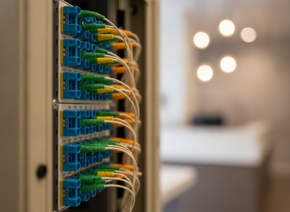 Panneau de brassage fibre optique professionnel avec connecteurs LC colorés dans un rack réseau compact