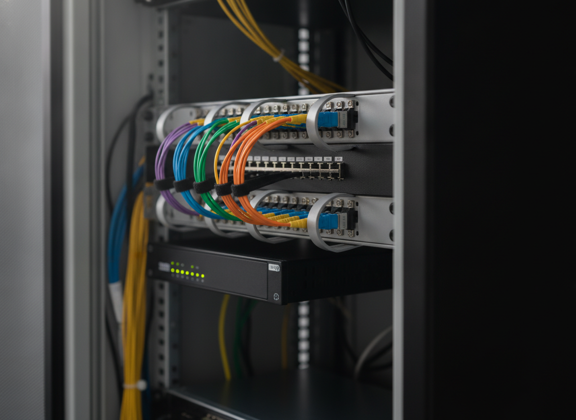 Panneau de brassage fibre optique installé dans le local professionnel d'un artisan