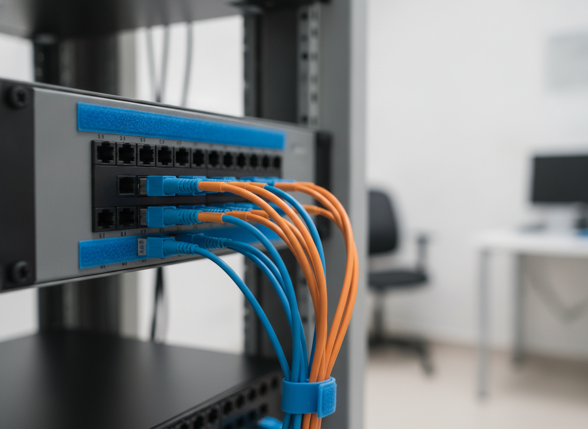 Panneau de brassage fibre optique dans un local technique de cabinet médical