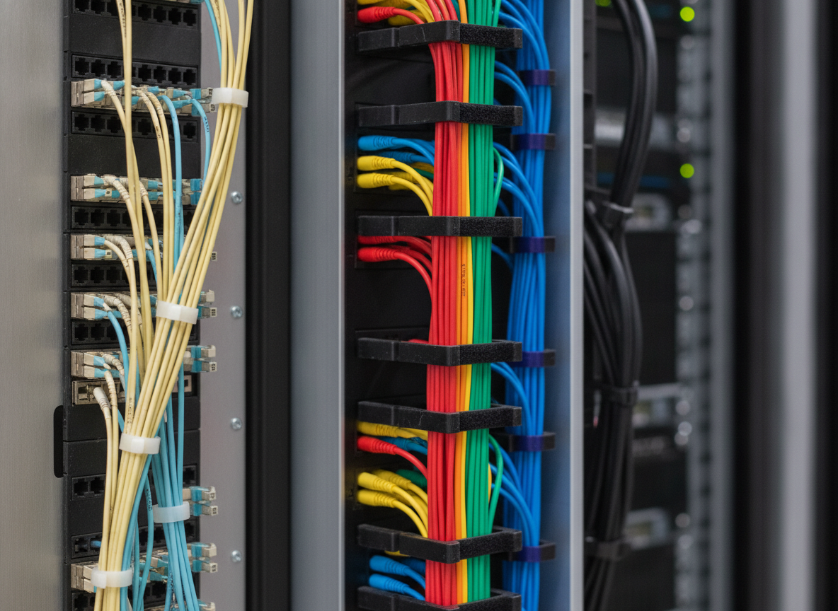 Panneau de brassage fibre optique avec câbles organisés dans une salle réseau d'entreprise