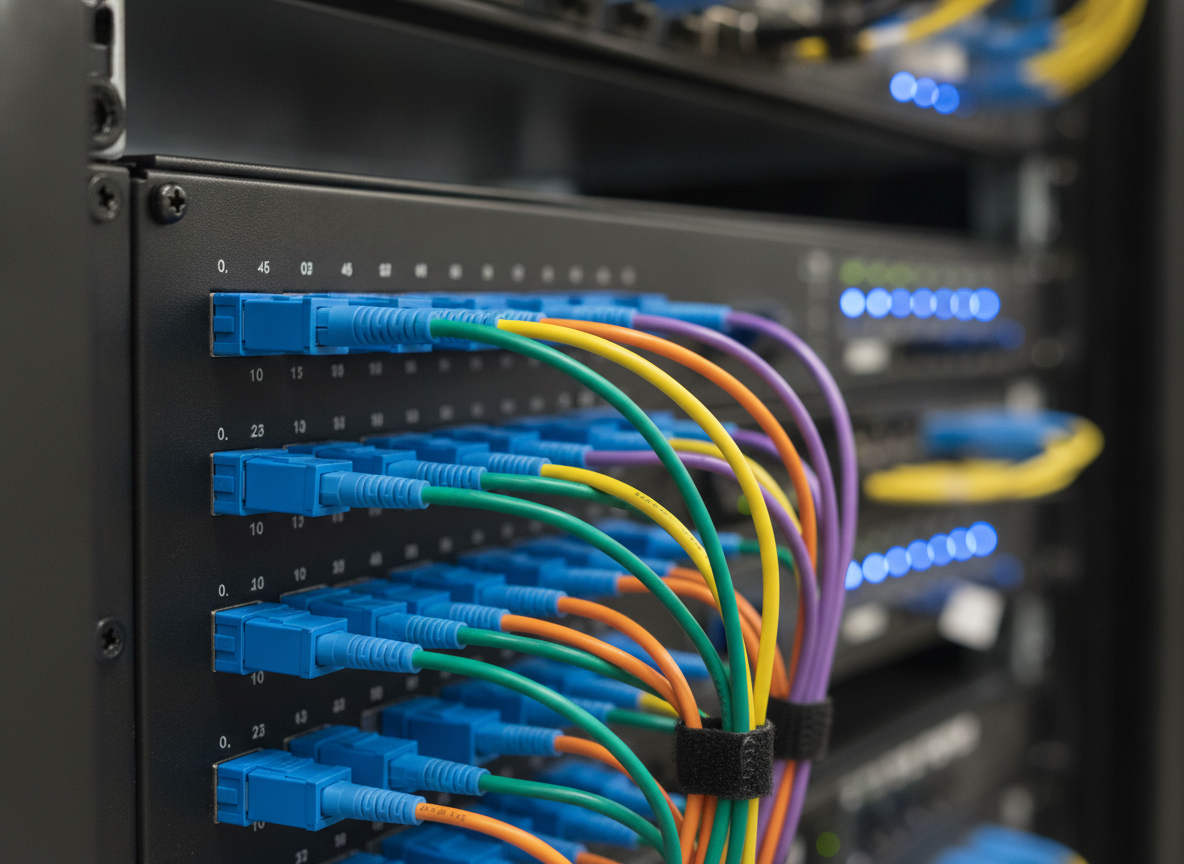Panneau de brassage fibre optique professionnel avec connecteurs LC colorés dans une baie serveur