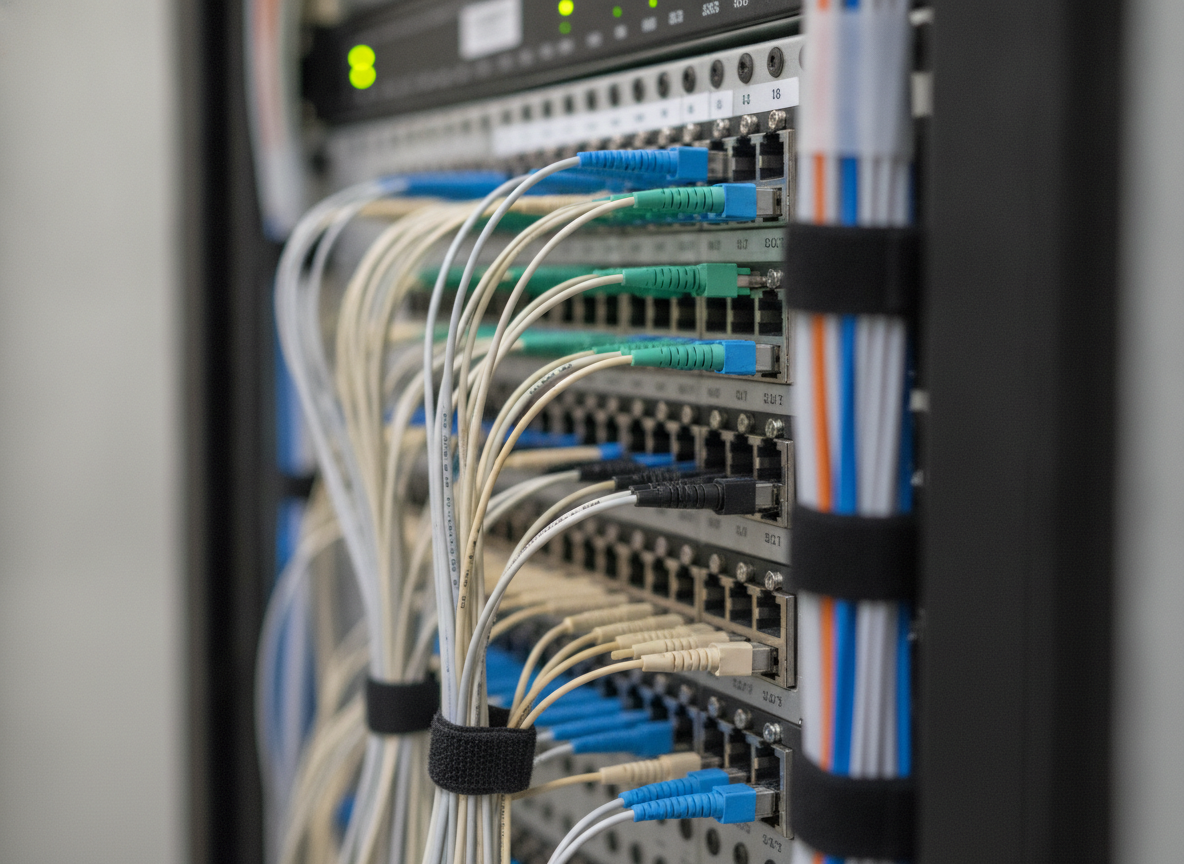 Panneau de brassage fibre optique en datacenter avec connecteurs LC multicolores pour réseau VPN entreprise