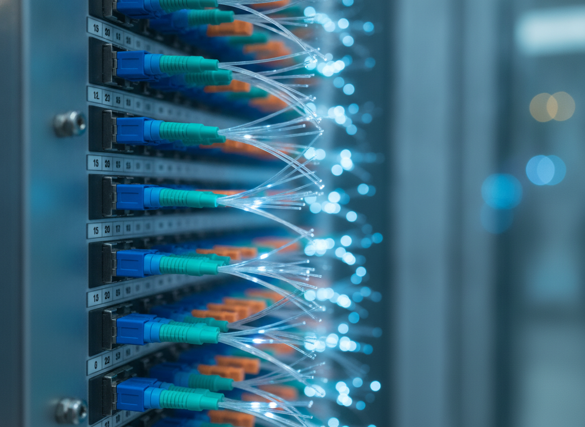 Panneau de brassage fibre optique avec connecteurs LC colorés dans une salle serveur professionnelle