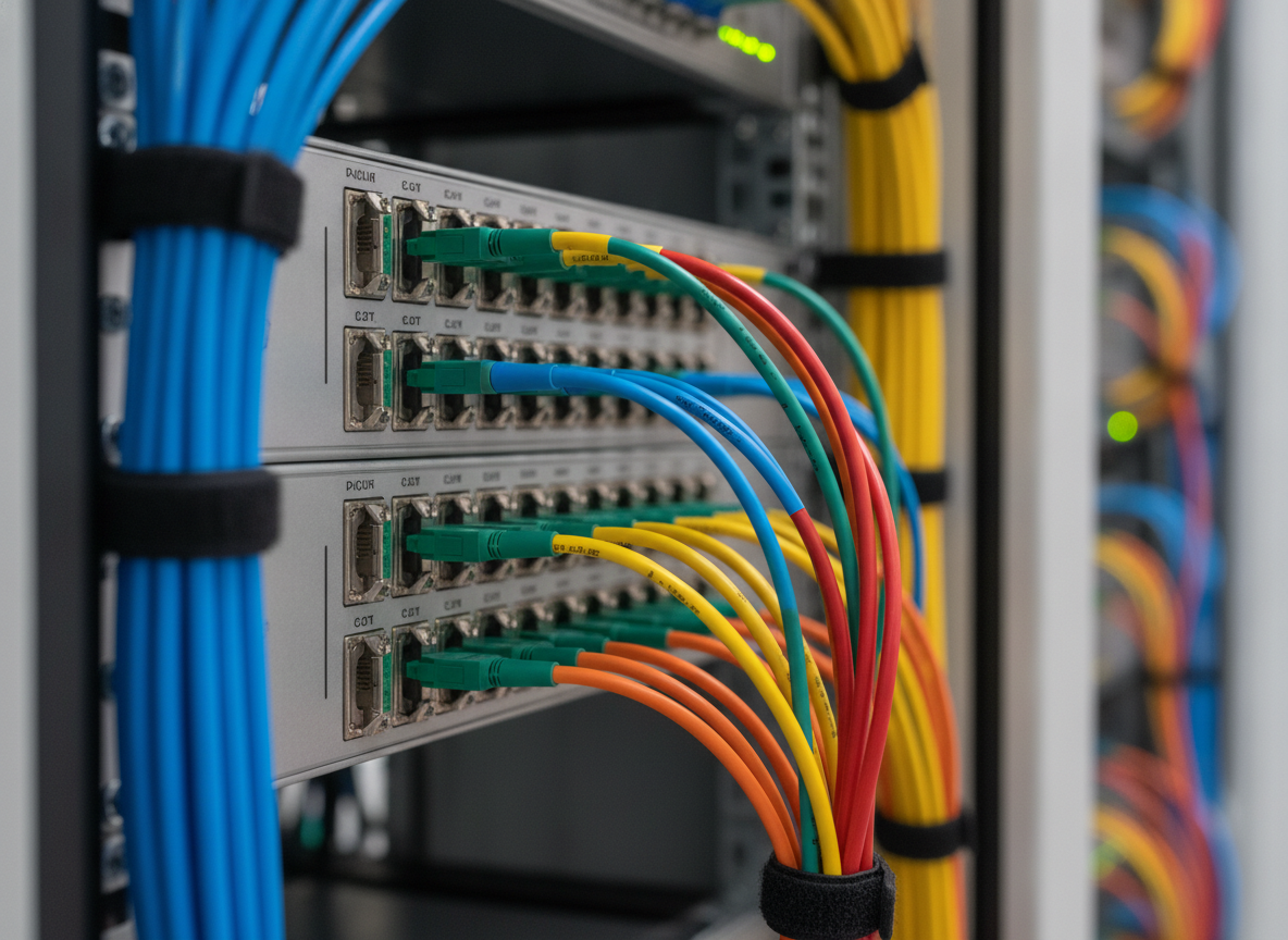 Panneau de brassage fibre optique en baie serveur entreprise avec câbles colorés et modules SFP