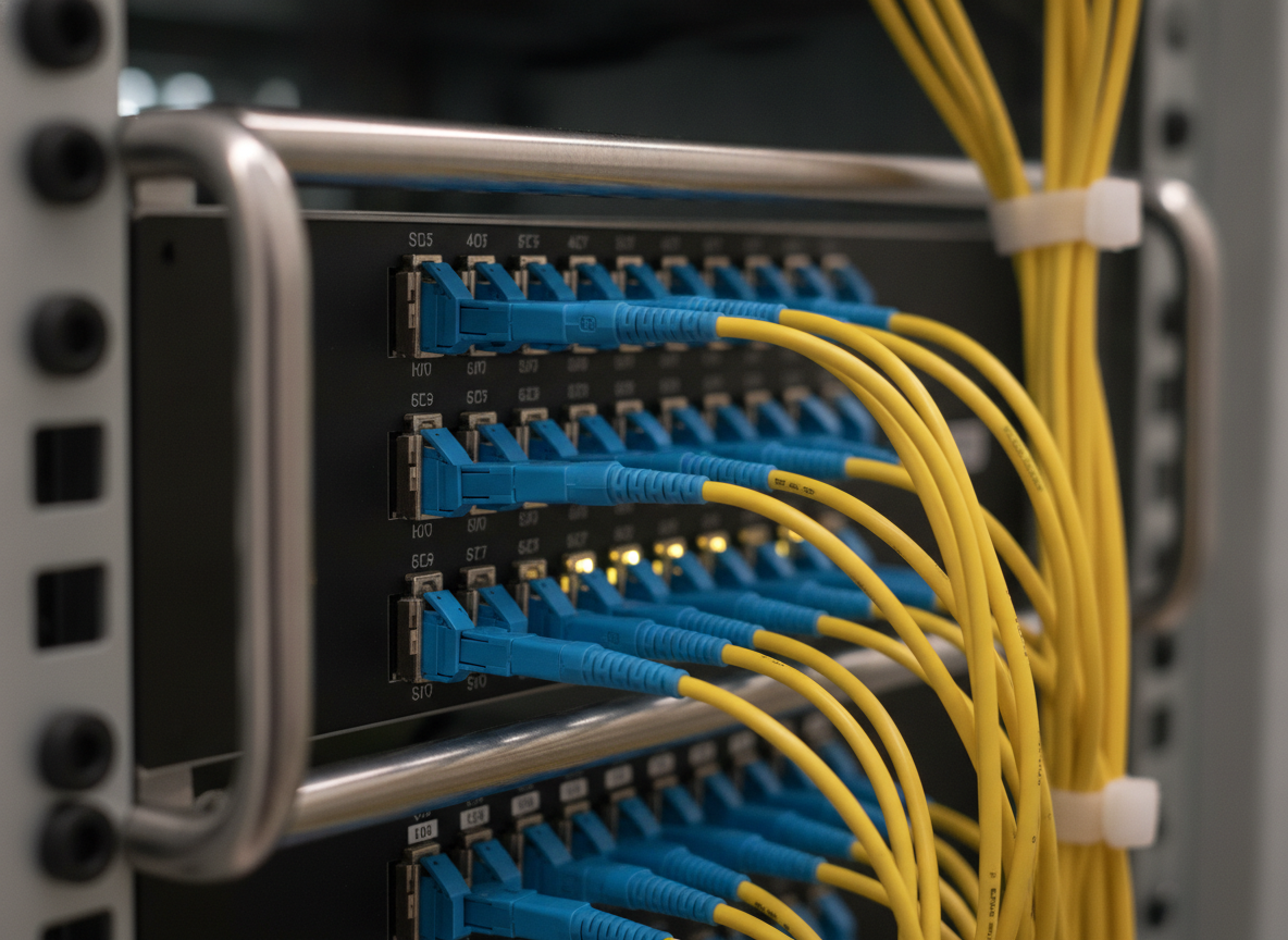 Panneau de brassage fibre optique avec connecteurs LC dans une baie réseau professionnelle