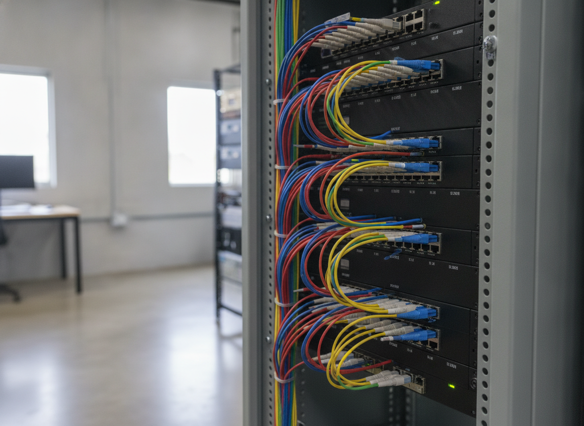 Panneau de brassage fibre optique dans une salle réseau d'entreprise en milieu rural