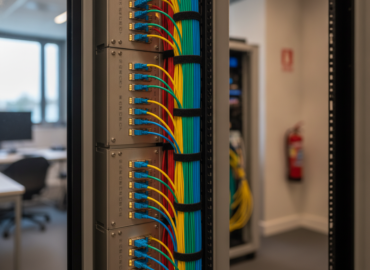 Panneau de brassage fibre optique dans une armoire réseau d'un local associatif professionnel