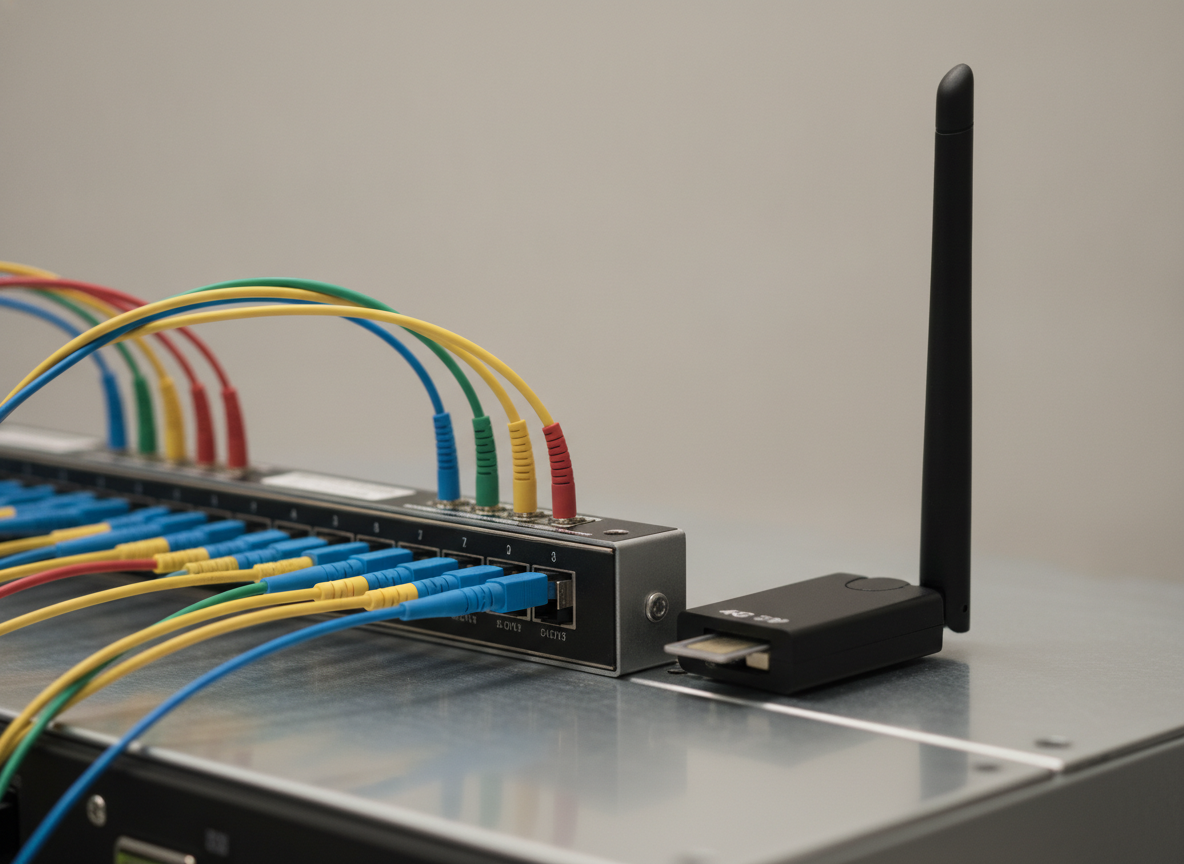 Câbles fibre optique sur patch panel pro avec module SIM 4G pour lien de secours réseau entreprise