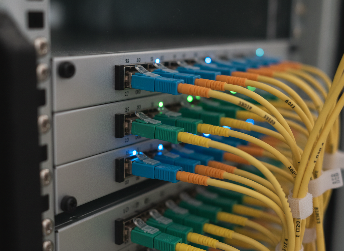 Panneau de brassage fibre optique professionnel avec connecteurs LC duplex colorés dans une baie réseau PME