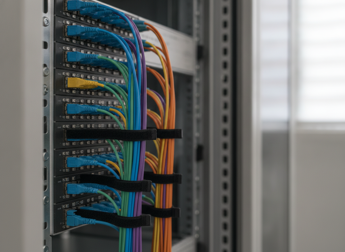 Panneau de brassage fibre optique dans un local technique d'immeuble de bureaux professionnel