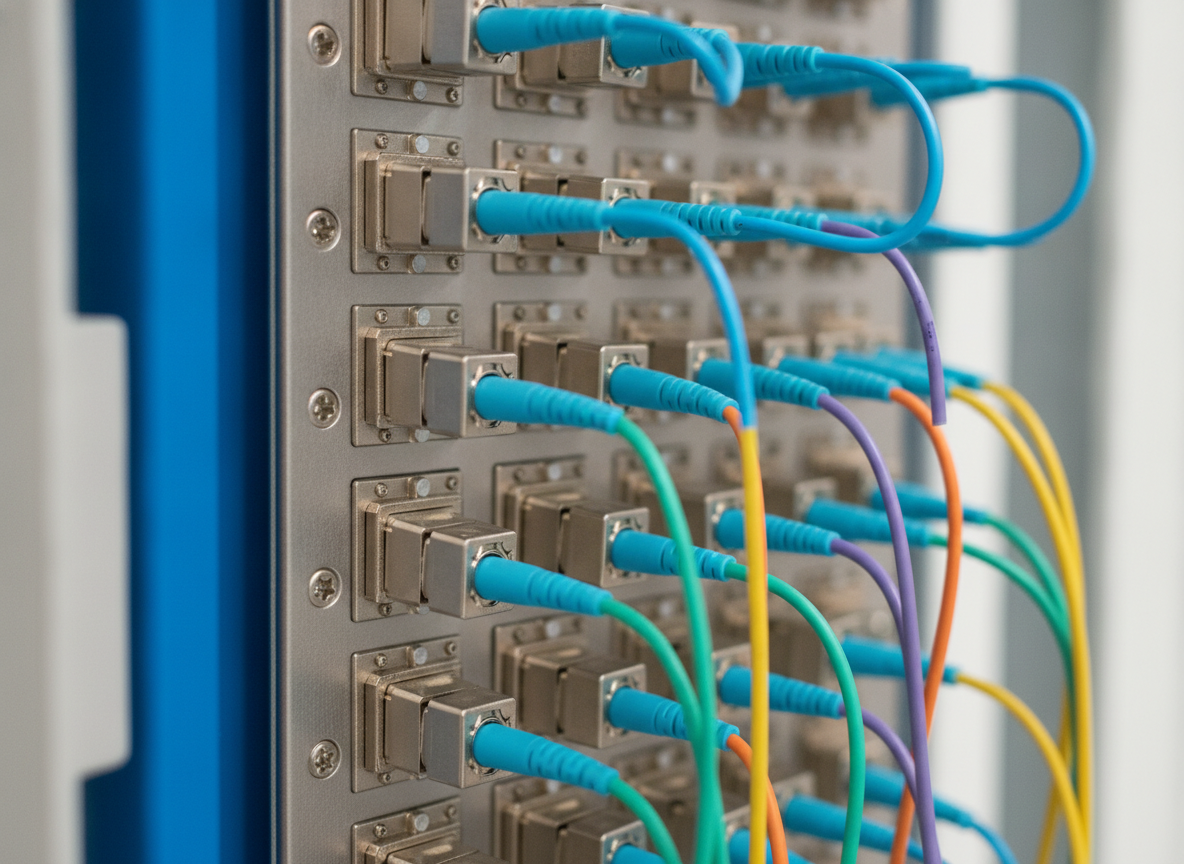 Connecteurs fibre optique LC duplex sur un panneau de brassage professionnel, câbles multicolores