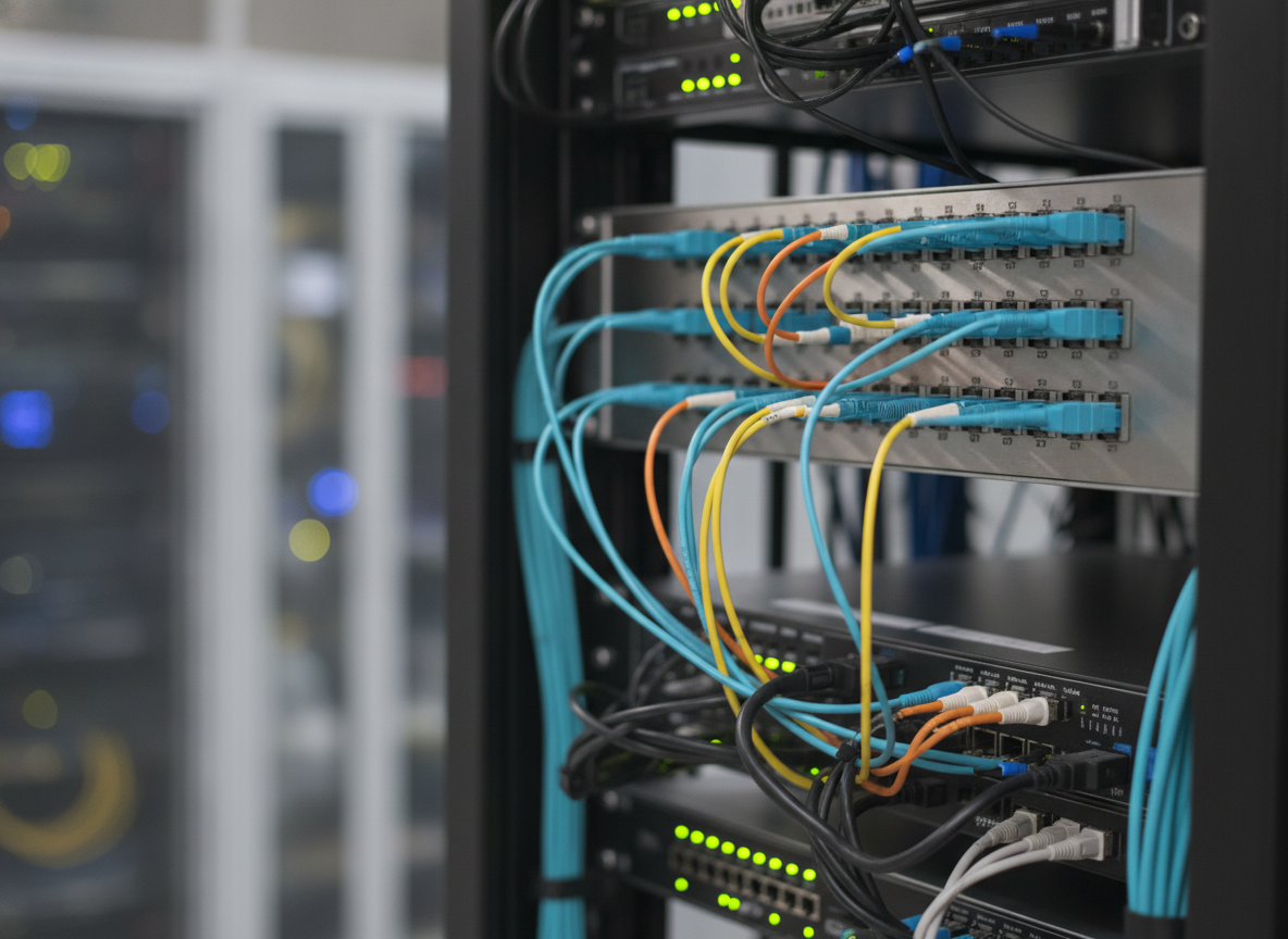 Panneau de brassage fibre optique dans une salle réseau professionnelle avec connecteurs LC