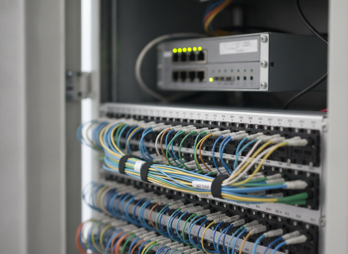 Panneau de brassage fibre optique dans une armoire réseau d'agence immobilière professionnelle