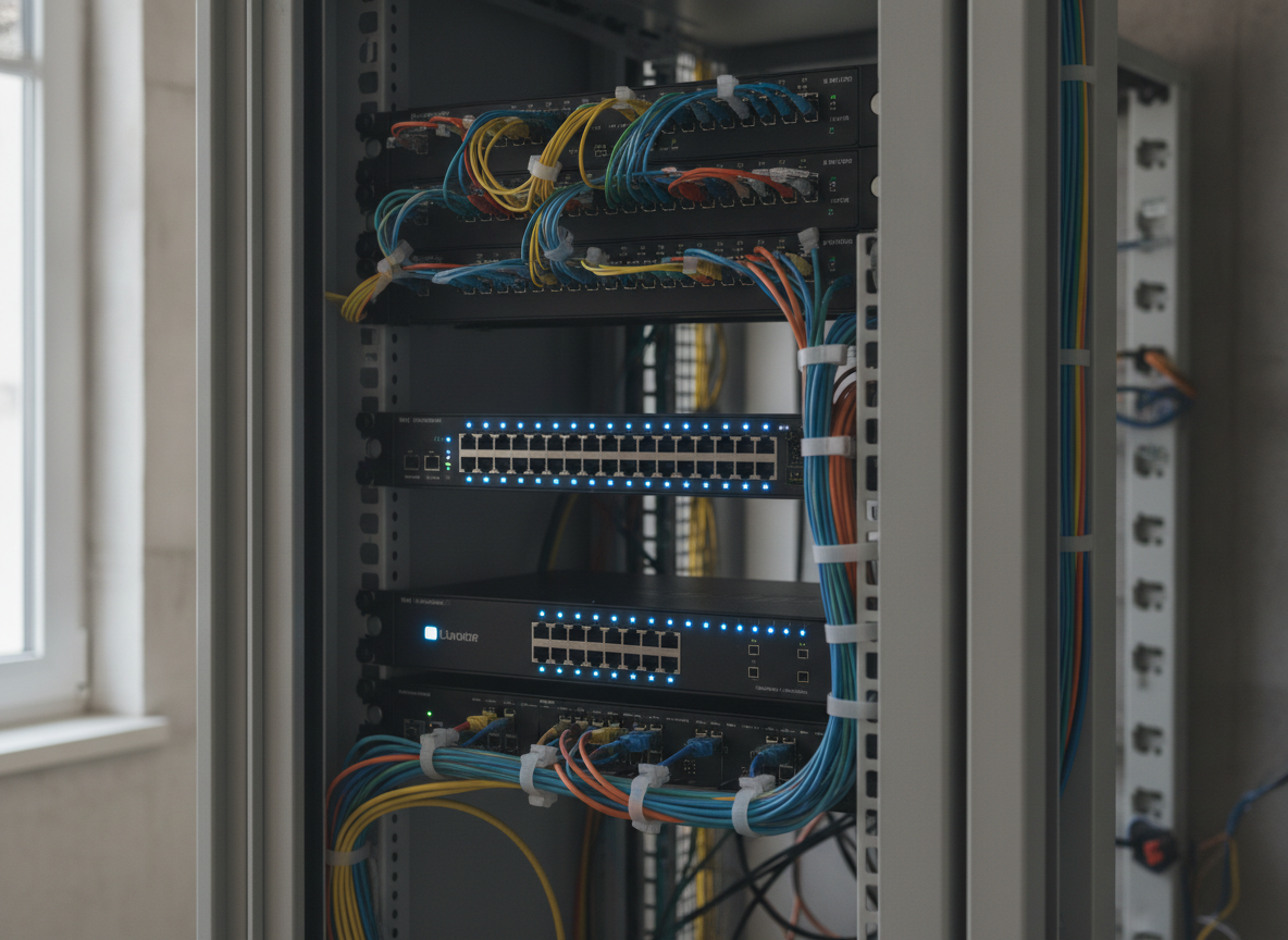 Baie réseau professionnelle avec panneau de brassage fibre optique installée dans une salle technique d'hôtel