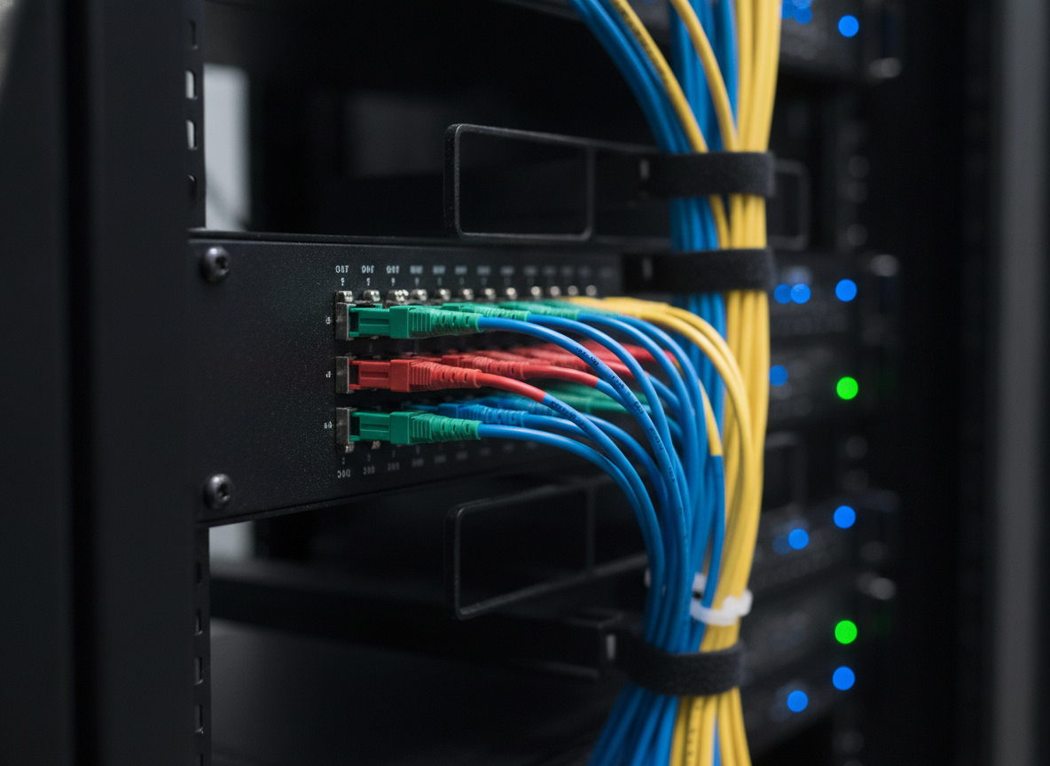 Panneau de brassage fibre optique dans un local technique de cabinet professionnel, connecteurs LC multicolores