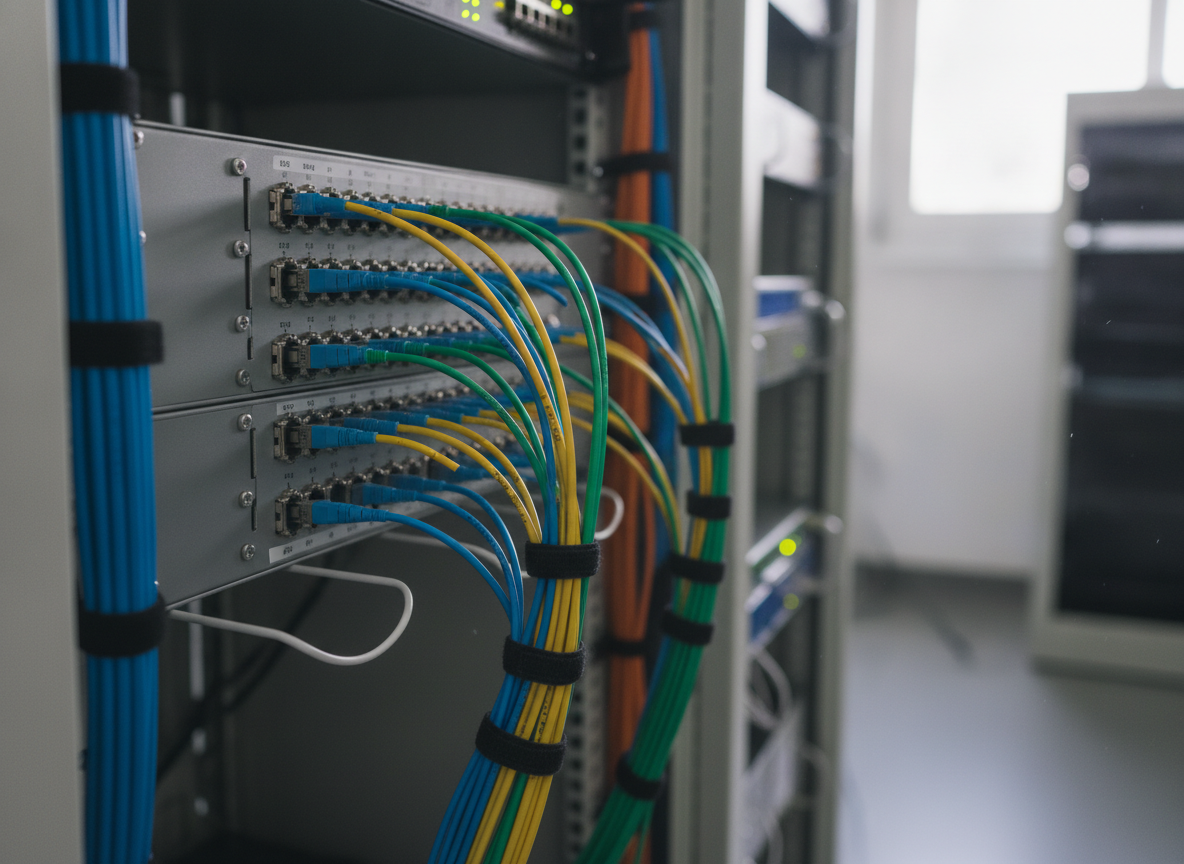 Panneau de brassage fibre optique dans la baie réseau d'un cabinet professionnel
