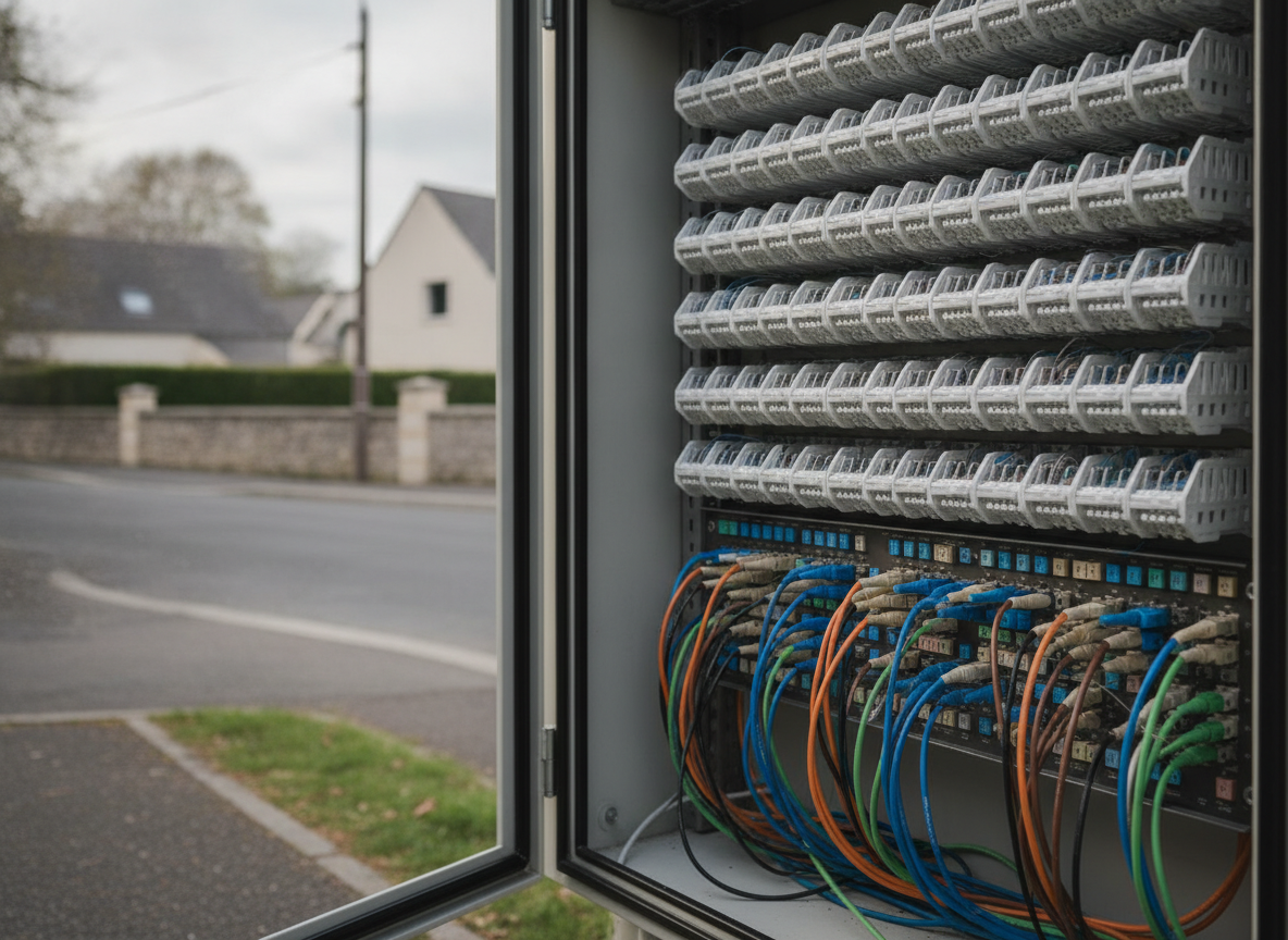 Armoire de distribution fibre optique ouverte avec plateaux d'épissures et connecteurs colorés