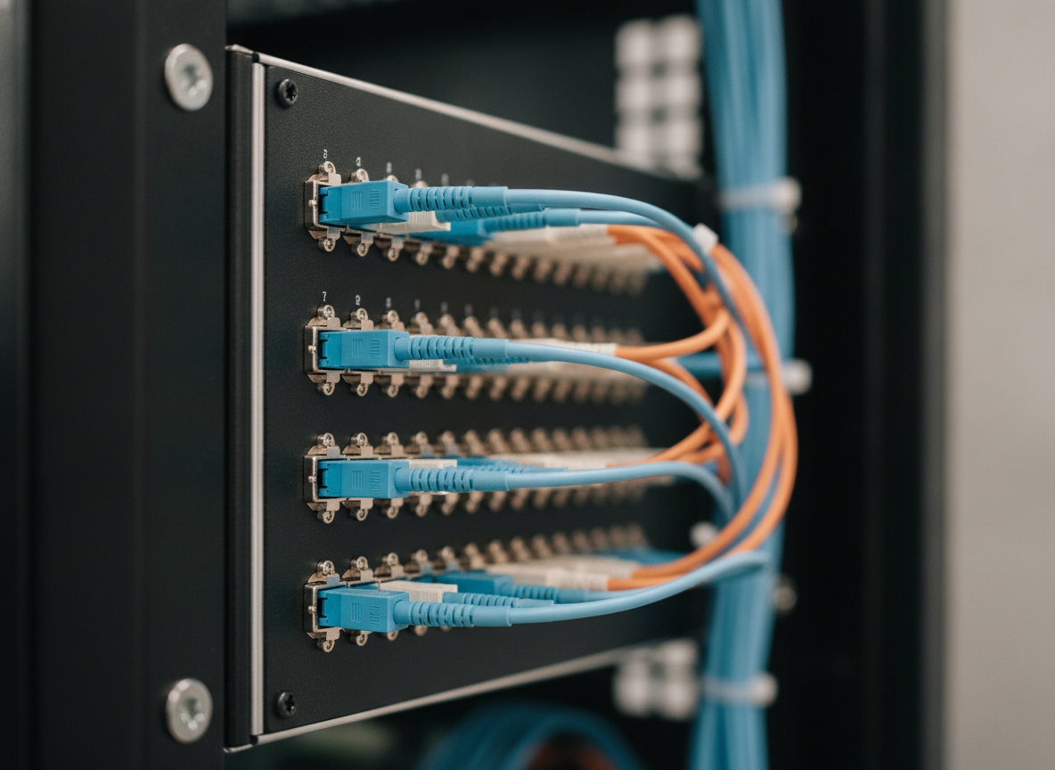 Panneau de brassage fibre optique dans une baie réseau professionnelle pour cabinet d'avocats