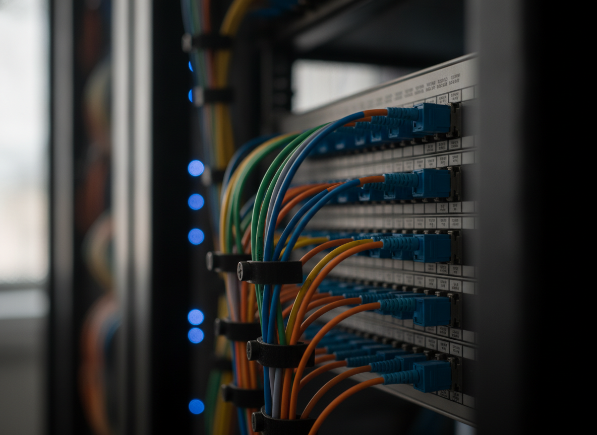 Patch panel fibre optique professionnelle dans une baie serveur pour connexion e-commerce dédiée