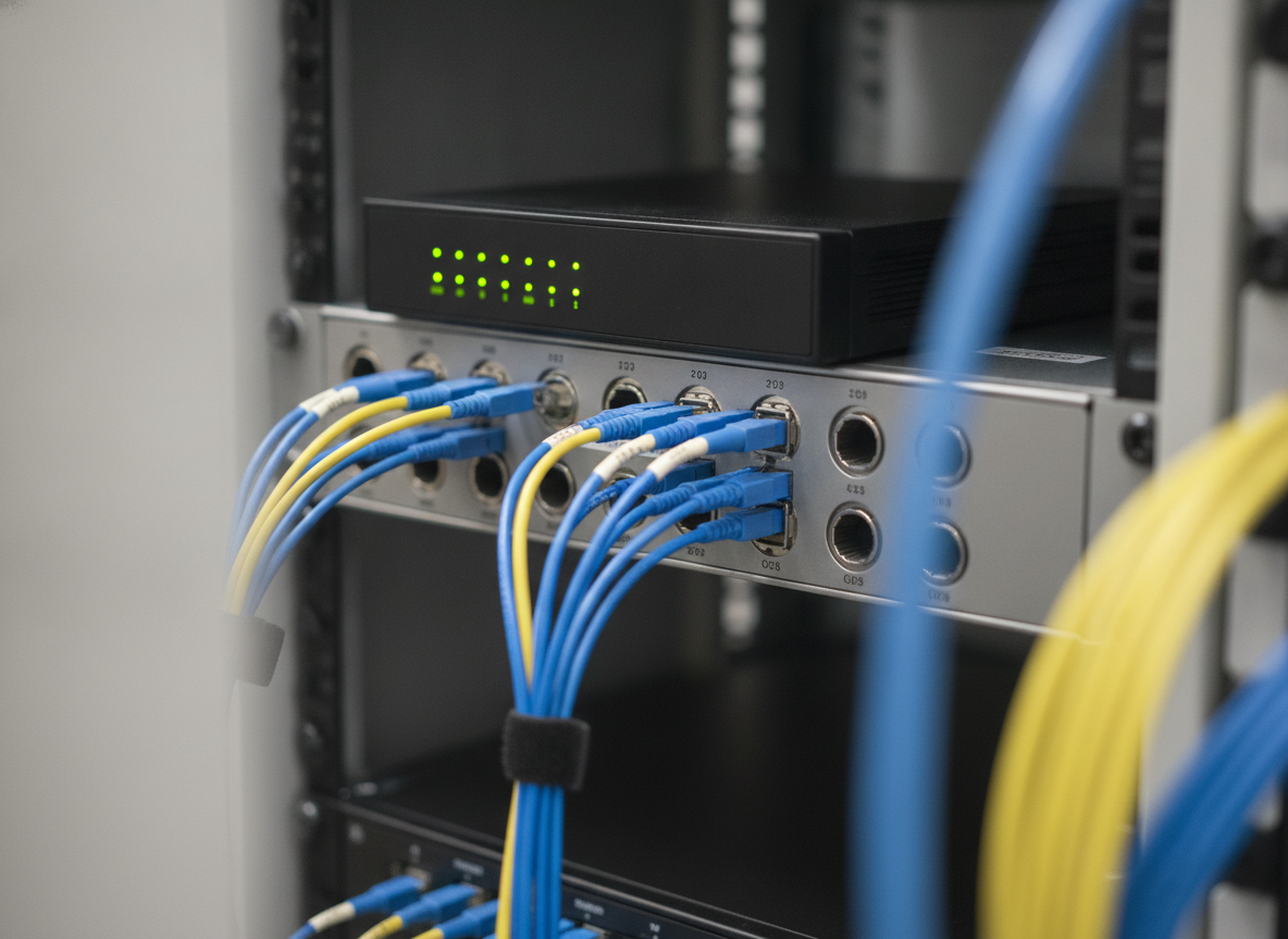Routeur SD-WAN et baie de brassage fibre optique dans l'arrière-boutique d'un point de vente franchise