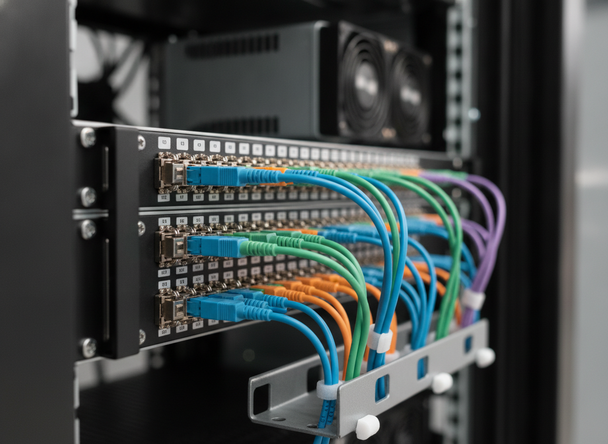 Panneau de brassage fibre optique avec connecteurs LC dans une baie réseau professionnelle