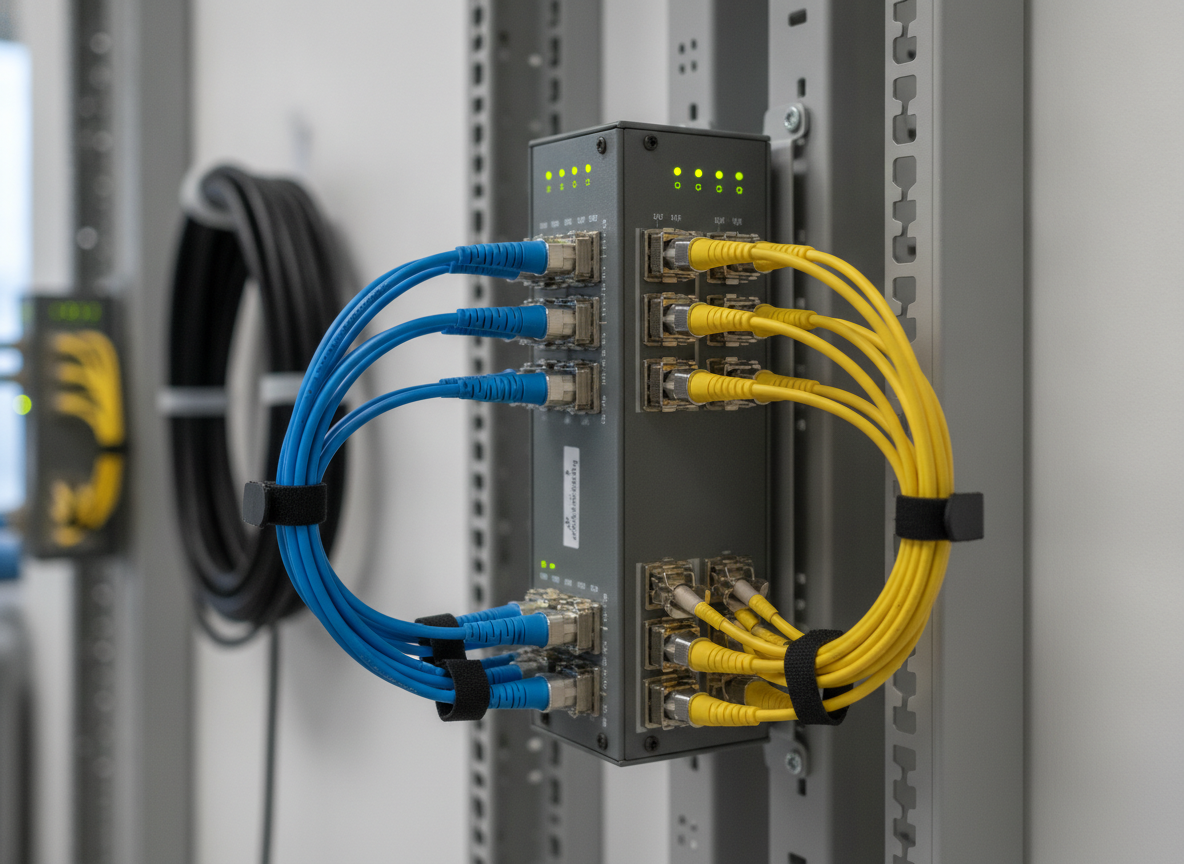 Panneau de brassage fibre optique dans un local professionnel médical, câbles organisés