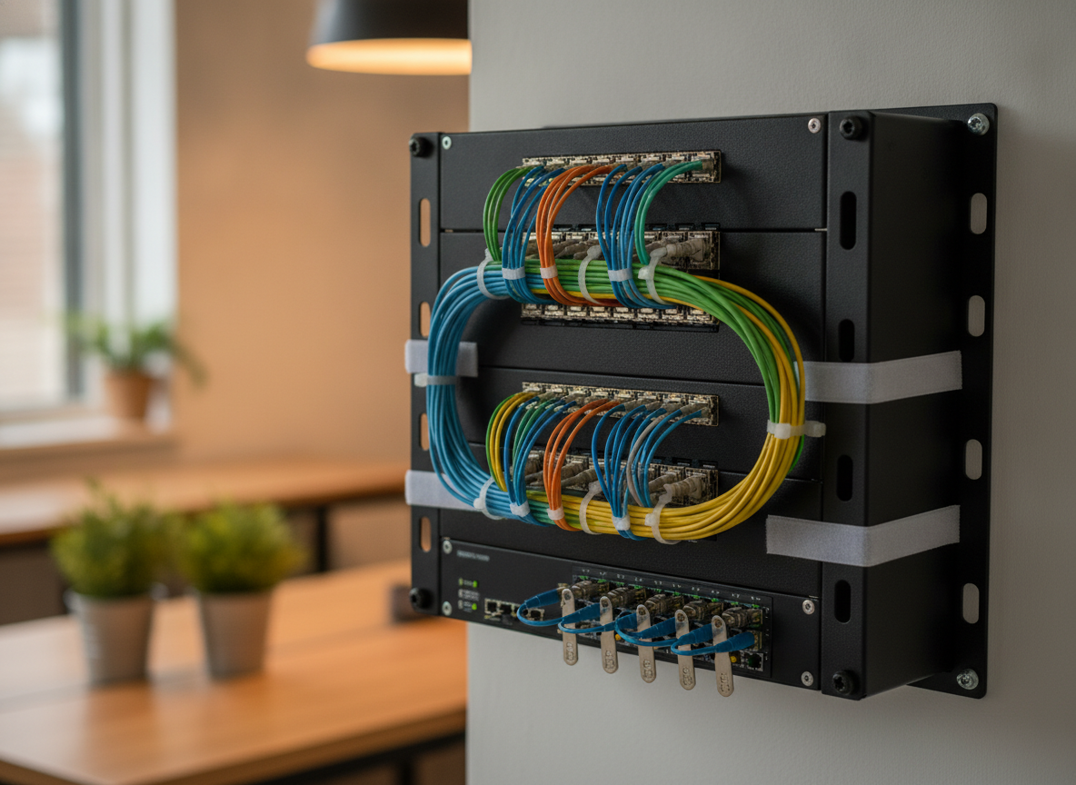 Panneau de brassage fibre optique dans un rack réseau professionnel de bureau