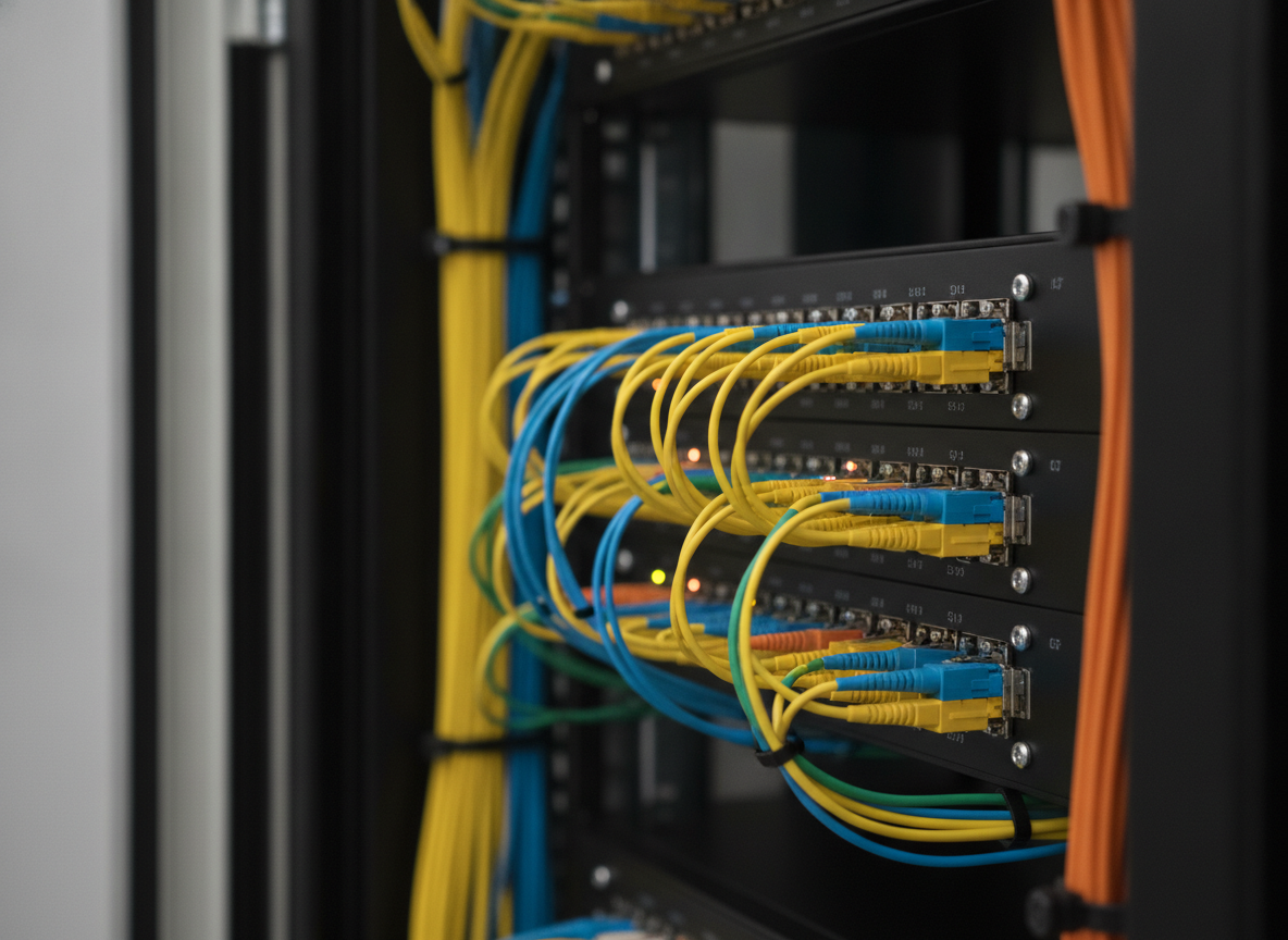 Panneau de brassage fibre optique avec câbles multicolores dans une armoire télécom professionnelle