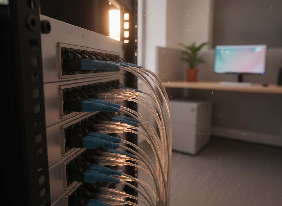 Câbles fibre optique connectés à un patch panel professionnel dans une baie réseau de cabinet