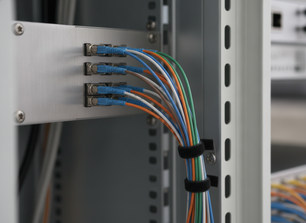 Panneau de brassage fibre optique dans une baie réseau de bureau professionnel, câbles organisés