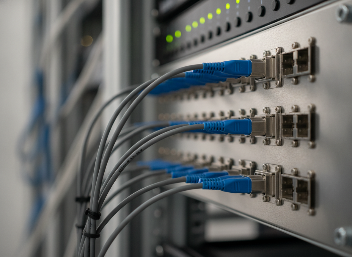 Panneau de brassage fibre optique avec connecteurs LC dans une salle serveur professionnelle